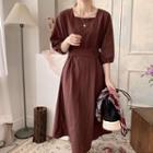 Square-neck Belted Maxi Dress Wine Red - One Size