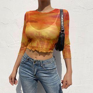 Elbow-sleeve Mesh Print Cropped Top