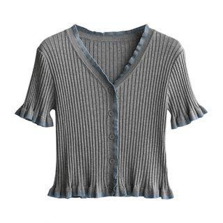 V-neck Striped Ruffle Two Tone Knit Top