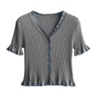 V-neck Striped Ruffle Two Tone Knit Top