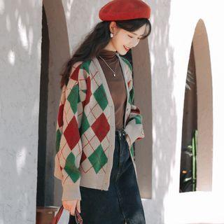 Argyle Print Cardigan Green & Brown - One Size