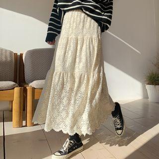 Band-waist Tiered Long Lace Skirt