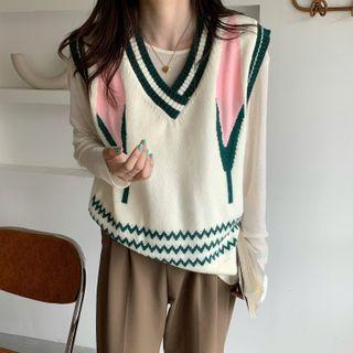 Color Block Panel V-neck Knit Vest White - One Size
