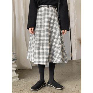 Belted Plaid Midi Flare Skirt Ivory - One Size
