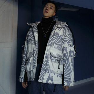 Pattern Printed Hooded Zipper Jacket
