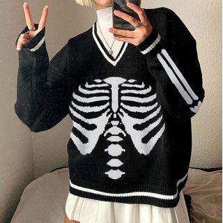 Long Sleeve V-neck Bone Print Loose-fit Sweater