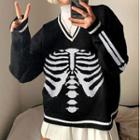Long Sleeve V-neck Bone Print Loose-fit Sweater