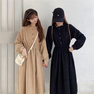 Long-sleeve Frill Trim Plain Dress