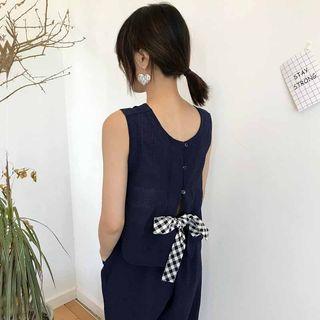 Set: Gingham Bow Back Sleeveless Top + Wide Leg Pants