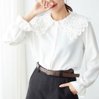 Reversible Lace Panel Long-sleeve Blouse Off-white - One Size