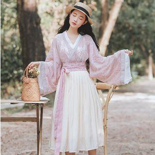 Set: Long-sleeve Hanfu Top + Lace Top + Pleated Midi Skirt