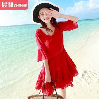 Plain Bell-sleeve Tiered Lace Dress