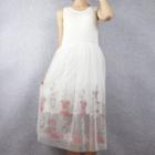 Spaghetti Strap Floral Embroidered Midi Dress / Sleeveless Dress