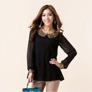 Long-sleeve Sequined Chiffon Lace Top