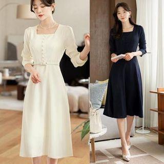 Square-neck Button-trim Midi Dress With Belt