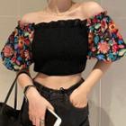 Puff-sleeve Floral Print Panel Cropped Blouse