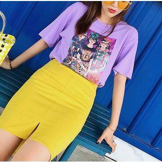 Set: Short-sleeve Print T-shirt + Asymmetrical Pencil Skirt