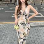 Halter Neck Floral Print Midi Sheath Dress