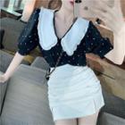 Dotted Collared Elbow-sleeve Chiffon Blouse / Ruched Mini Pencil Skirt