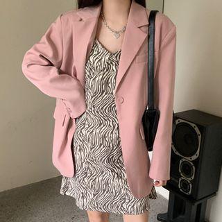 Plain Blazer / Spaghetti Strap Zebra Print Dress