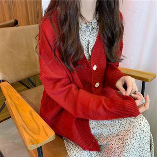V-neck Cardigan / Dotted Long-sleeve Collared Midi Dress