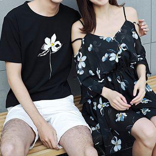Couple Matching Floral Print Cut Out Shoulder Dress / Short Sleeve T-shirt