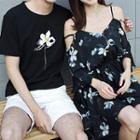 Couple Matching Floral Print Cut Out Shoulder Dress / Short Sleeve T-shirt