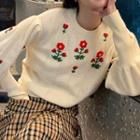 Flower Embroidered Balloon-sleeve Sweater Beige - One Size