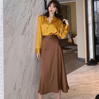 Long-sleeve Satin Shirt / A-line Midi Skirt