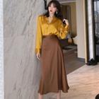 Long-sleeve Satin Shirt / A-line Midi Skirt