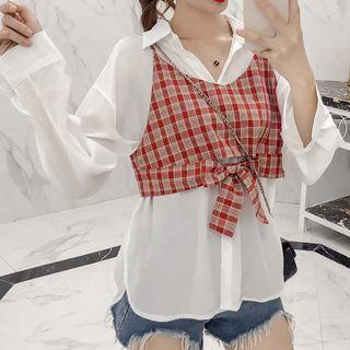 Set: Shirt + Spaghetti Strap Plaid Top