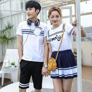 Couple Matching Striped Short Sleeve T-shirt/ Sailor Collar Short Sleeve Dress