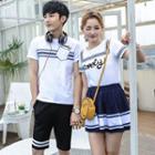 Couple Matching Striped Short Sleeve T-shirt/ Sailor Collar Short Sleeve Dress