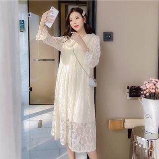 Long-sleeve Fleece Trim Collared Lace Dress