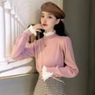 Pleated Trim Faux Pearl Accent Sweater