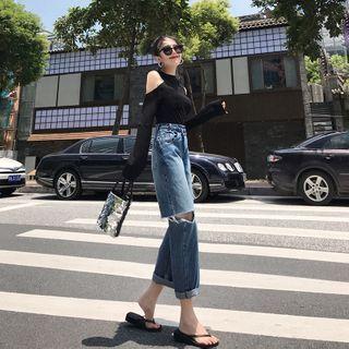 High-waist Ripped Jeans / Halter Cold-shoulder Plain Top