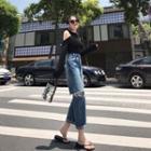 High-waist Ripped Jeans / Halter Cold-shoulder Plain Top