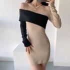 Two-tone Long Sleeve Off-shoulder Sheath Mini Dress