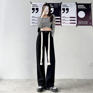 High Waist Drawstring Wide Leg Jeans