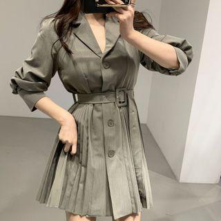 Long-sleeve Open-collar Pleated A-line Mini Shirtdress