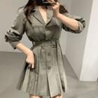 Long-sleeve Open-collar Pleated A-line Mini Shirtdress