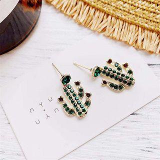 Rhinestone Cactus Dangle Earring 1 Pair - 925 Silver - Dark Green - One Size