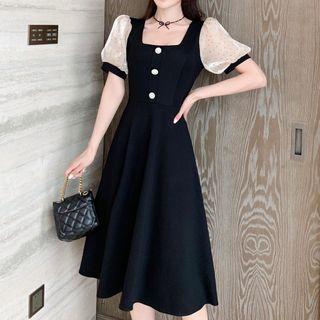 Puff-sleeve Panel Square-neck Midi A-line Dress