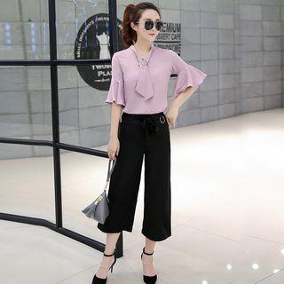 Set: Bell Elbow-sleeve Blouse + Pleated Wide Leg Pants