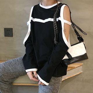 Contrast Trim Long-sleeve Cold-shoulder T-shirt