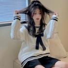 Long-sleeve Sailor-collar Bow-front Sweater Sweater - White - One Size