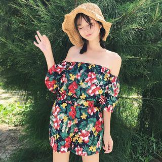 Set: Floral Print Off Shoulder Elbow Sleeve Top + Shorts