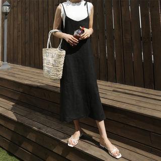 Tie-strap Linen Long Pinafore Dress