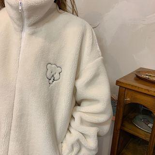 Stand Collar Bear Embroidered Fleece Zip-up Jacket