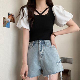 Puff-sleeve Cross-strap Blouse